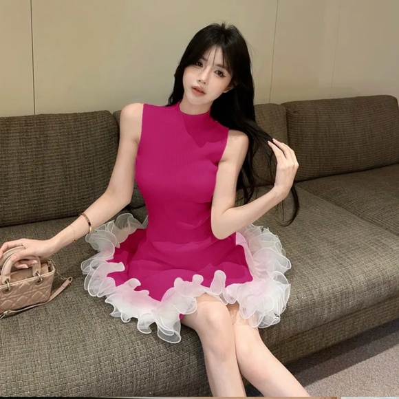 Dinse Barbie Pink Sleeveless Mock Neck Mini A-Line Dress Jfashion K Pop - Picture 3 of 5